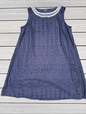 Roz & Ali Navy Sleeveless Lace Overlay Dress with Embellished Neckline